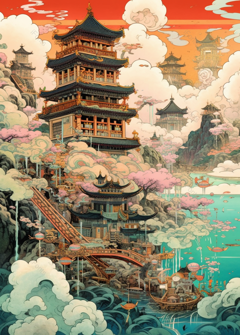 国潮古风插画高塔古代建筑背景,插画/手绘图,插画/手绘图库,插画/手绘图下载,插画/手绘
